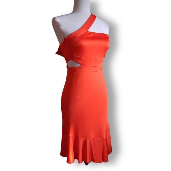 BCBG Max Azria Asymmetrical Bodycon Cutout Dress Red-Orange Shimmer Size XXS - Picture 4 of 16